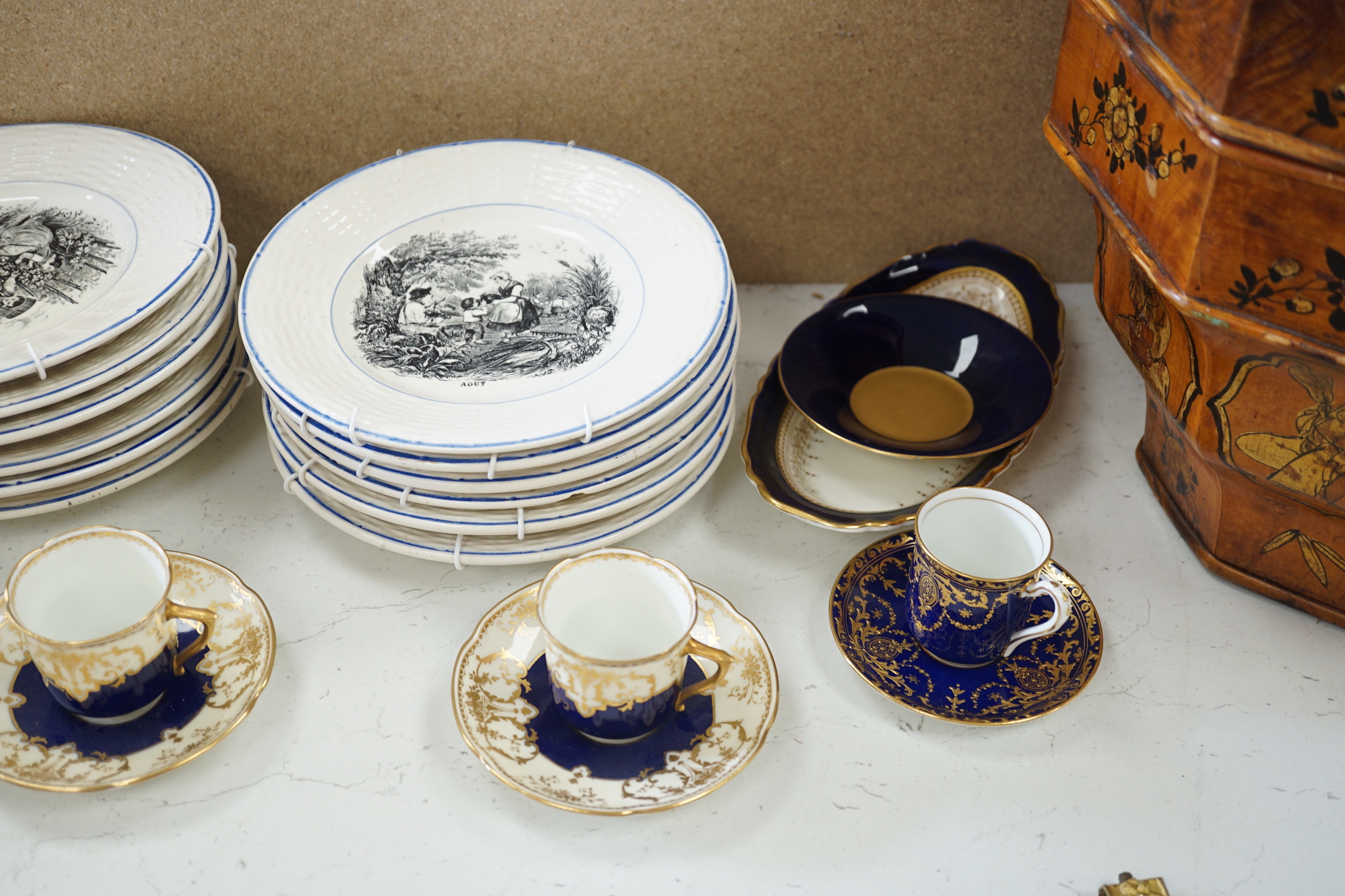 A Spode ‘tulip’ cup and saucer, a set of Sarreguemines month plates and collection of Worcester